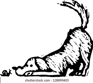 Black and white vector illustration of a dog looking at a snail