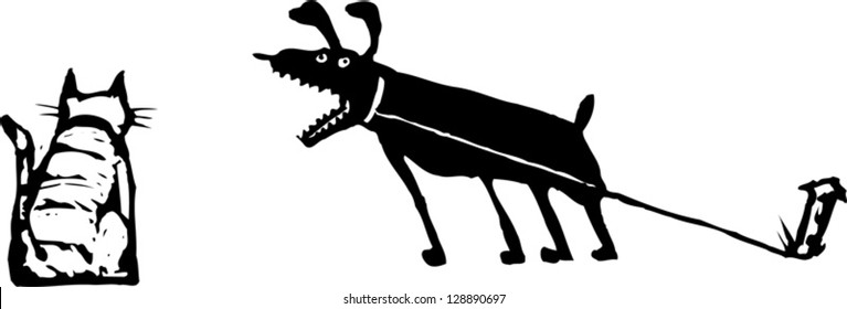 Black and white vector illustration of a dog barking at a cat