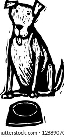 Black and white vector illustration of a dog and an empty bowl