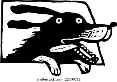 Black and white vector illustration of a dog in a car