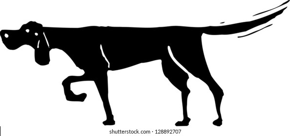 Black and white vector illustration of a dog hunting