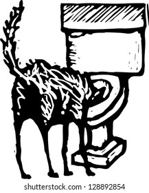 Black and white vector illustration of a dog drinking water from the toilet