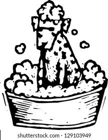 Black and white vector illustration of a dog being washed