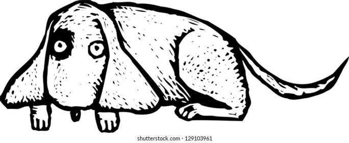 Black and white vector illustration of a dog lying