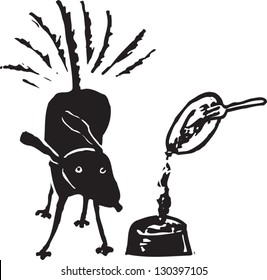 Black and white vector illustration of a dog getting fed