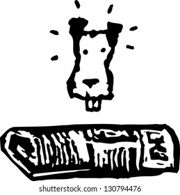 Black and white vector illustration of a dog and a newspaper