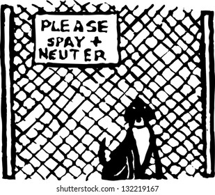 Black and white vector illustration of dog at pet shelter or pound