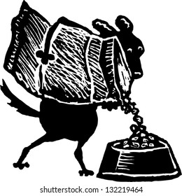 Black And White Vector Illustration Of Dog Pouring Dog Food In Bowl