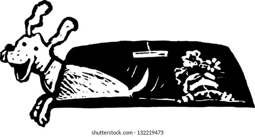 Black and white vector illustration of a dog in a car