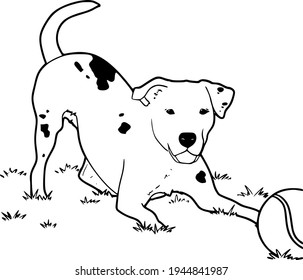 Black and white vector illustration of a dog in a playful position.