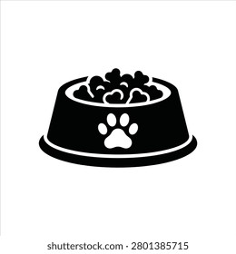 A black and white vector illustration of a dog food bowl filled with kibble and featuring a paw print on the side, against a plain background.