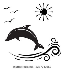 Black and white vector illustration of dolphin jumping on the wave.