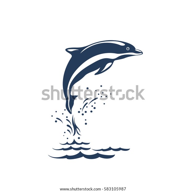 イルカが波に飛び乗る姿を描いた白黒のベクターイラスト 白い背景に白いイルカ ロゴテンプレート のベクター画像素材 ロイヤリティフリー 583105987