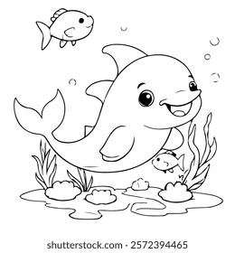 black and white vector illustration of dolphins and fish
