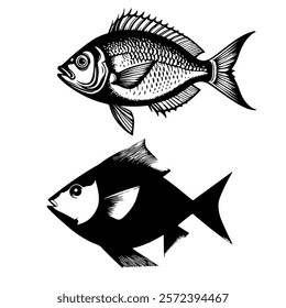 black and white vector illustration of dolphins and fish