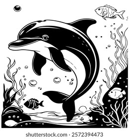 black and white vector illustration of dolphins and fish