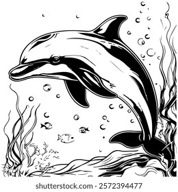 black and white vector illustration of dolphins and fish