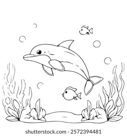 black and white vector illustration of dolphins and fish