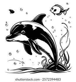 black and white vector illustration of dolphins and fish
