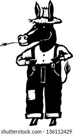 Black and white vector illustration of a donkey as a farmer