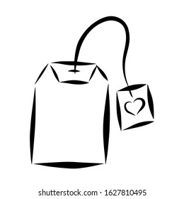 Black and white vector illustration in doodle style. Tea bag with a tag with a heart. The element is drawn by hand and isolated on a white background.