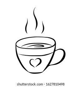 Black and white vector illustration in doodle style. Mug with hot coffee or tea. Cup with a heart. The element is drawn by hand and isolated on a white background. A simple drawing of a tea cup