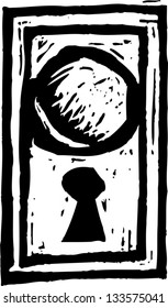 Black and white vector illustration of door knob and keyhole