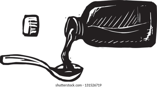 Black and white vector illustration of dose of syrup or cough medicine