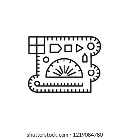 Black & white vector illustration of drafting template ruler with geometric shapes. Combat mission plotter. Line icon of stencil for architect, drafter, engineer. Isolated object on white background