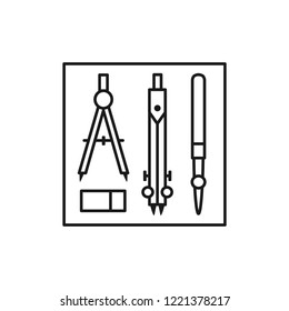 Black & white vector illustration of drafting kit with compass dividers, ruling pen. Line icon of instruments for architect, drafter, draftsman. Isolated objects on white background