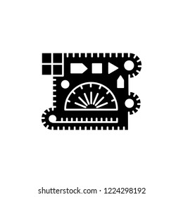 Black & white vector illustration of drafting template ruler with geometric shapes. Combat mission plotter. Flat icon of stencil for architect, drafter, engineer. Isolated object on white background