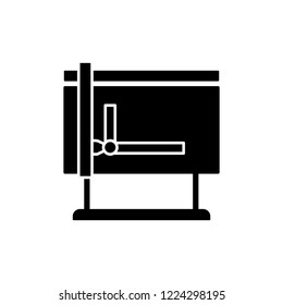 Black & white vector illustration of drafting machine table with drawing board. Flat icon of instrument for architect, engineer, draftsman. Isolated object on white background