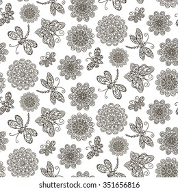 Black and white vector illustration dragonflies, butterflies, flowers. Seamless pattern. Summer meadow. Decorative design element abstract doodle.