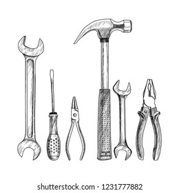 Black and white vector illustration. Drawn set of tools. Screwdriver, wrench, hammer, pliers