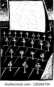 Black and white vector illustration of drive in movie