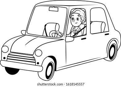 Black and white vector illustration of a driver with a car.