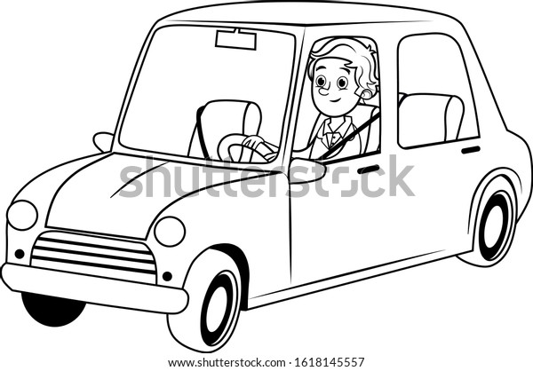 Black and white vector illustration of a driver with\
a car.