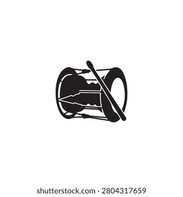 Black and white vector illustration of a drum with drumsticks resting on top