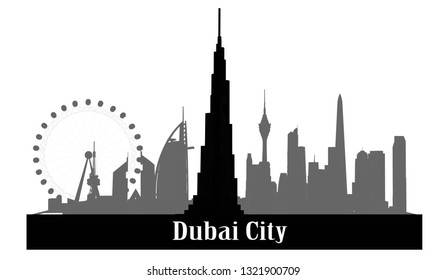 Black and white vector illustration, Dubai city building, United Arab Emirates