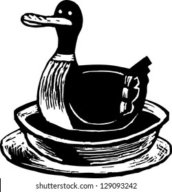 Black and white vector illustration of a duck soup