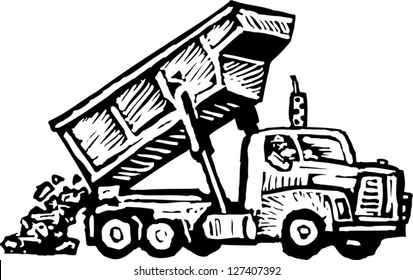 Black and white vector illustration of dump truck dumping dirt