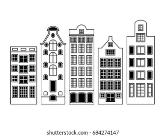 Black and white vector illustration of Dutch houses. Amsterdam city buildings 