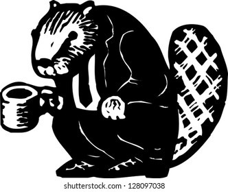 Black And White Vector Illustration Of Eager Beaver With Cup Of Coffee