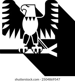 black and white vector illustration of an eagle . The eagle has its wings spread wide and is perched on a branch. This image is a minimalist and modern take on the classic eagle symbol.