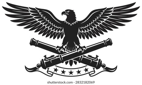 Black and white vector illustration of an eagle with wings spread above two crossed vintage cannons with a ribbon banner featuring stars