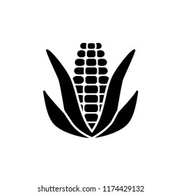 Black & white vector illustration of ear of corn with leaves & kernels. Flat icon of fresh organic maize. Vegan & vegetarian food. Health eating ingredient. Isolated object on white background. 