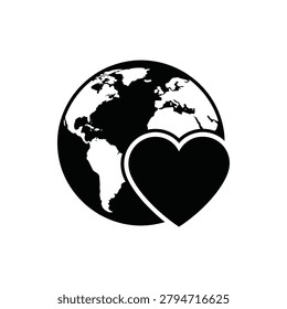Black and white vector illustration of earth globe globe featuring prominent heart icon on foreground. Flat design graphic representing international friendship eco friendly initiatives global healthcare program and deep affection for nature and humanity.