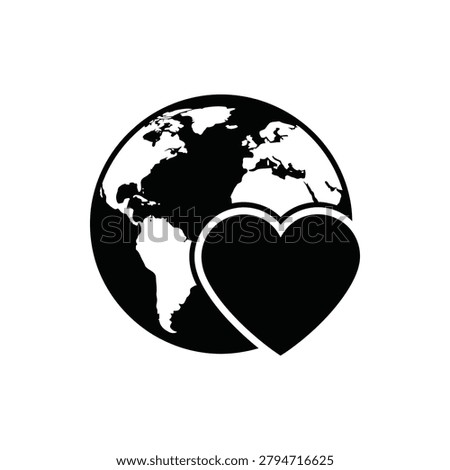 Black and white vector illustration of earth globe globe featuring prominent heart icon on foreground. Flat design graphic representing international friendship eco friendly initiatives global healthcare program and deep affection for nature and humanity.