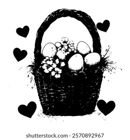 black and white vector illustration of an Easter basket filled with eggs, flowers, and hearts, ideal for holiday, love-themed, and artistic designs