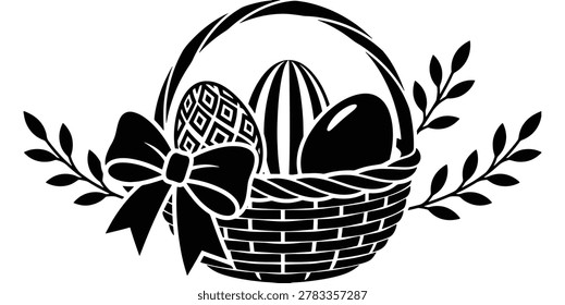 A black and white vector illustration of an Easter basket filled with decorated eggs, adorned with a bow and sprigs of leaves.